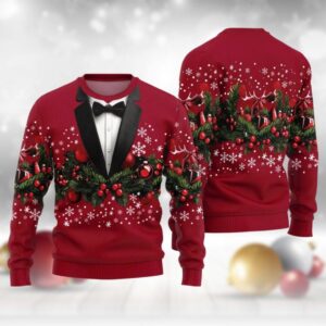 Men's Red Suit Ugly Sweater, Funny Holiday Tuxedo Style With Bow Tie, Perfect For Parties, Winter Season Outfit For Men,