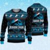 Jurassic Park Christmas Ugly Sweater | T Rex Santa Hat Dino Holiday Jumper | Blue Black Snowflake Knit Unisex Party Pullover Gift