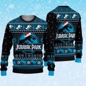 Jurassic Park Christmas Ugly Sweater | T Rex Santa Hat Dino Holiday Jumper | Blue Black Snowflake Knit Unisex Party Pullover Gift